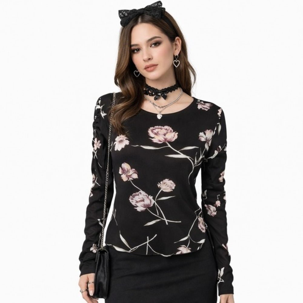 The Limited Top Floral Size‎ Large Y2K Dark Coquette Ruched Sleeves Mall Goth
